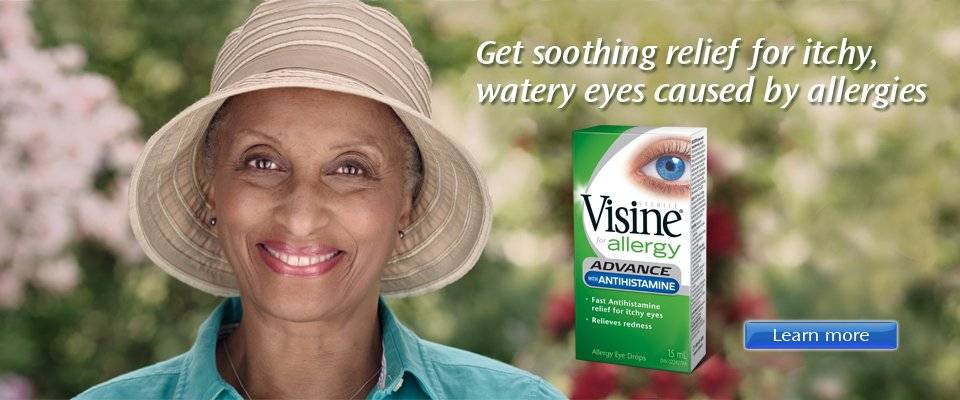 Woman beside a box of Visine for allergy with tagline "Get soothing relief for itchy, watery eyes caused by allergies".
