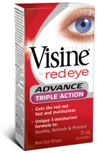 A packet of VISINE® Advance Triple Action Red Eye Drops, 15 mL